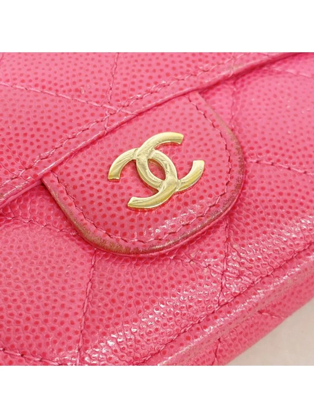 Chanel Trifold Wallet Quilted Caviar Leather Pink Gold